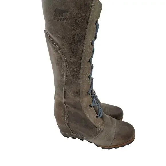 Sorel Cate the Great Size 8.5 Tall High Wedge Boots Brown Gray Waterproof - Picture 7 of 16